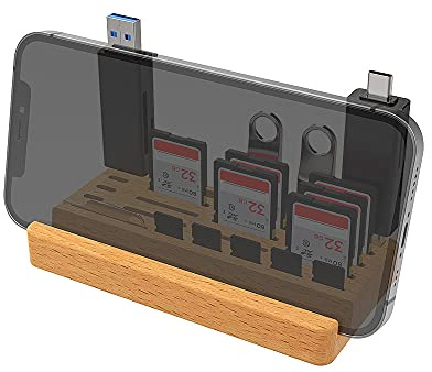 JJC Holz-Telefonhalter, Speicherkartenständer, Organizer für Smartphone, SD, TF-Karten, Flash-Laufwerke, Typ A, Typ-C-Kartenleser, Kartenentfernungswerkzeug