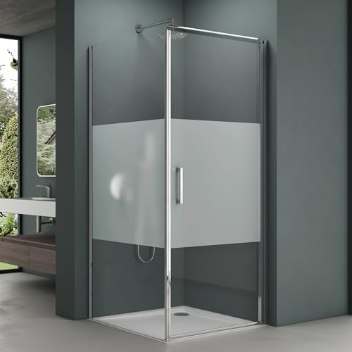 Mai & Mai Duschkabine Eckeinstieg 80x90x195 cm mit Drehtür | Duschabtrennung mit Hebe-Senk-Mechanismus 8mm ESG-Sicherheitsglas Nano-Beschichtung Milchglas-Streifen Rav36-Plus