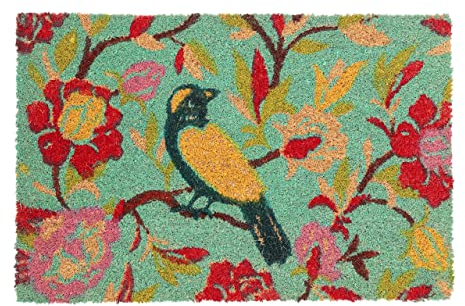 Relaxdays Fußmatte Kokos, mit Vogel & floralem Muster, gummiert, innen & außen, Türvorleger, 60 x 40 cm, Mehrfarbig, 10039029