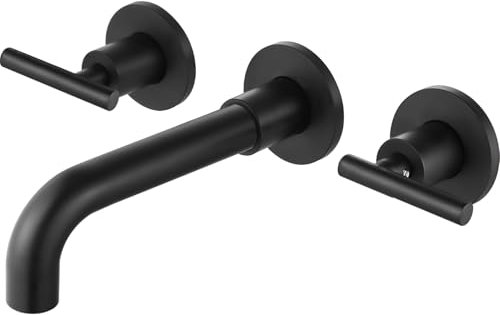 Airuida Wall Mounted Widespread Bathroom Sink Faucet Wall Mount Lavatory Faucet Vanity Sink Mixer Tap 2 Lever Handles 3 Holes 360 Swivel Spout with Brass Rough in Valve Matte Black