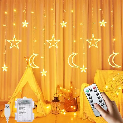 HIQE-FL Estrella y Luna Luminosa Luces,3.5M LED Cortina De Luz De Estrella Lunar,Estrella Luna Cortina Luces,Cadena de Luces LED Luna de Estrella,LED Luces de Navidad Estrellas y Lunas(A)