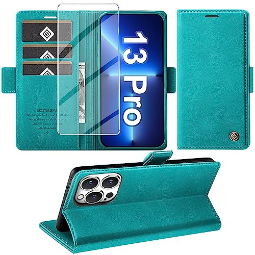 Giyer Handyhülle für iPhone 13 Pro Hülle mit Displayschutzfolie, Leder Wallet Kartenfach Ständer Tasche Schutzhülle für iPhone 13 Pro 5G Flip Case Kameraschutz Bumper Vollschutz Klapphülle (Cyan)