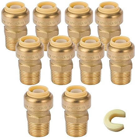 GUOFIS 10 Pack Male Adapter,1/2 Inch Push Brass Male Adapter Fitting with Disconnect Clip, Push-to-Connect Plumbing Fittings for Copper, PEX Pipe, CPVC(PF021)