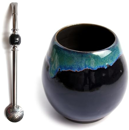 Set per tè Yerba Mate | Eramik Mate Tazza da tè a mano ~ 300 ml | Unico matero | Lavabile in lavastoviglie | Cannuccia in acciaio inox Bombilla Bola nero per tè Mate 21 cm | Set per yerba mate tè