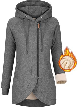 Lonya Sudadera con Capucha para Mujer Abrigo con Forro Polar Chaqueta Cremallera Invierno Cazadora Deportivo de Manga Larga Hoodie Chandal con Bolsillo, Grigio Scuro, M