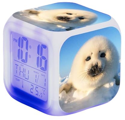Blissbuilt Sveglia Comodino Orologio per Bambini con Snooze,rilevamento della Temperatura Anime Sveglia Digitale LED,con luci,7 Colori Che cambiano la Notte Regalo Compleanno Ragazza Donne (foca)