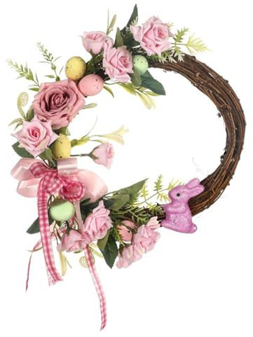 MISNODE Osterkränze für Haustür, Hasenkranz, Ostereier, Frühlingskranz, Blumenkranz, Ostertür, hängendes Frühlingsschild, Blumenkranz für Ostern, Frühling, Zuhause, Hochzeitsdekoration (Rosa)