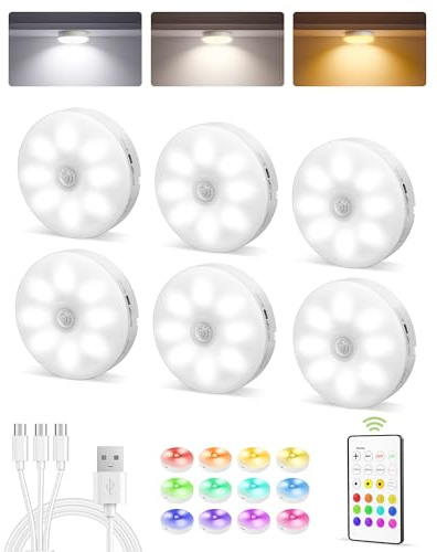 EZVALO 6-Pack Under Cabinet Lighting, Rechargeable Motion Sensor Puck Light with Remote, 3 Color Temps & 12 RGB Colors, Magnetic Stick on Light, Dimmable Under Counter Light for Kitchen, Home Decor
