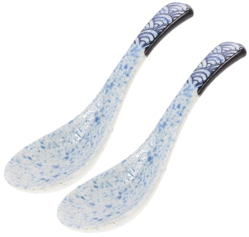 iplusmile 2pcs Ceramic Soup Spoons Retro Asian Design Safe and Smooth Finish Multi-Functional Kitchen Utensils for Ramen Wonton and Serving Charming Patterned Tableware