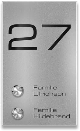Metzler Aufputz Türklingel für Zweifamilienhausl in RAL 9007 Graualuminium - Gravur - wasserdichter LED-Taster - Befestigung mit Dämmstoffdübel möglich - modernes Design