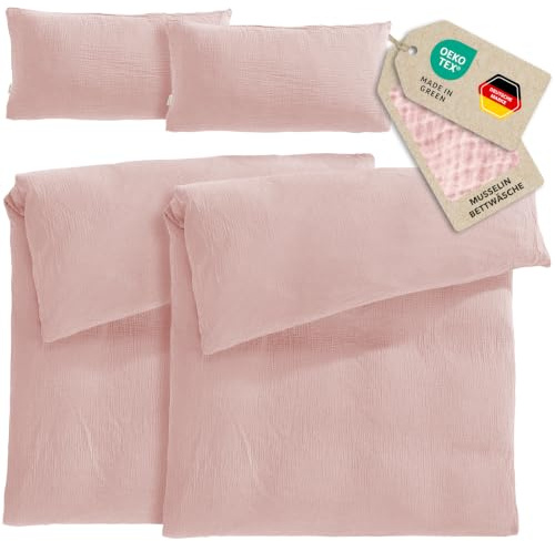 Pure Label Musselin Bettwäsche 4tlg 2x155x220+2x40x80 - Rosa | Traumhaft weiche, kuschelige Bettwäsche-Sets aus Musselin - 40° Waschbar