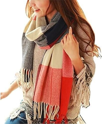 Schal Damen Winter Halstuch Schals Schlauchschal Tuch Kuschelig Damenschal Winterschal Flauschig Scarf Women Stola Warm Geschenke HalstüCher Strickschal Kariert Frauen Mode Langer Orange Rot Gitter
