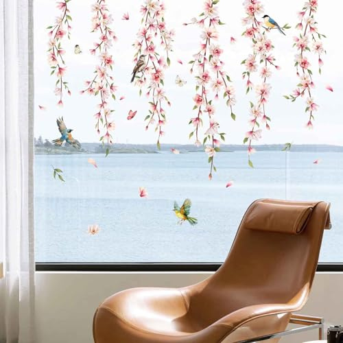 Supzone Fensteraufkleber Hängende Blumenranke Rosa Fensterbilder Rosa Blumen Vögel Fenster Abziehbilder Sommer Frühling Anti-Kollision Fensterfolie Glastüren Fensterdeko Aufkleber