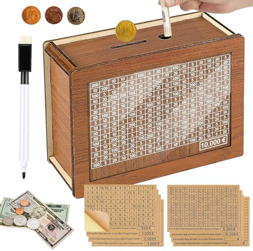 Spardose aus Holz mit zähler Sparschwein mit Marker sparbox mit Zahlen ankreuzen Wiederverwendbare Spardose mit Acrylplatten für Hilft Erwachsene und Kindern Die Gewohnheit Zum Sparen (10000€)