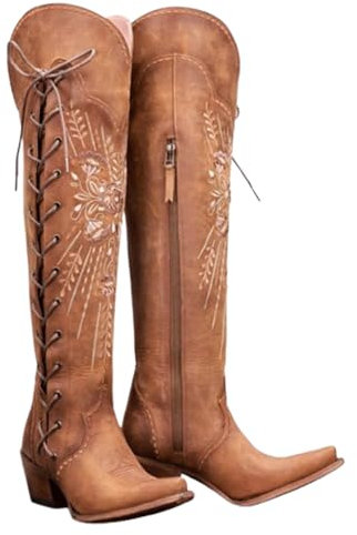 FGRID Kniehohe Cowboystiefel für Damen, modische, bestickte Blockstiefel mit dickem Absatz und Schnürung, hohe Westernstiefel, Winterstiefel mit weiter Wade und gerader Spitze,Braun,39