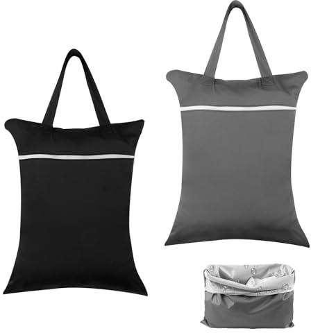 Maxmoc Nassbeutel Set, wasserdichte Wetbag mit Griff und Reißverschluss | Waschbare, Wiederverwendbare für nasse Baby Stoffwindeln, Badebekleidung und Sportkleidung, 40×50 cm (Schwarz & Grau)