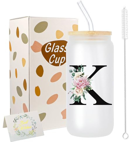 JEKUGOT A-Z Initial Personalised Birthday Gifts for Women, 16oz Iced Coffee Glass Cups with Lids and Straws, Glass Coffee Cup Gift Set for Mothers, Friends, Women, Men, Iced Coffees Cup Gift (K)