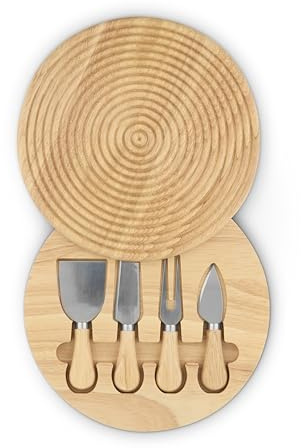 Sur La Table 5pc Cheeseboard Set with 3 Stainless Steel Knives and a Cheese Fork in Concealed Tray, Made from Hevea Wood with FSC Certified Materials, 24.6 x 24.6cm, Natural Wood, SLT847086