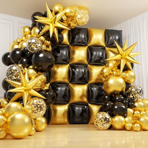 Black and Gold Checkered Square Foil Balloons Backdrop Wall, Double Sided Tunnel with Gold Black Balloon Arch Garland Kit for Birthday Graduation New Year Graduation Party Decoration