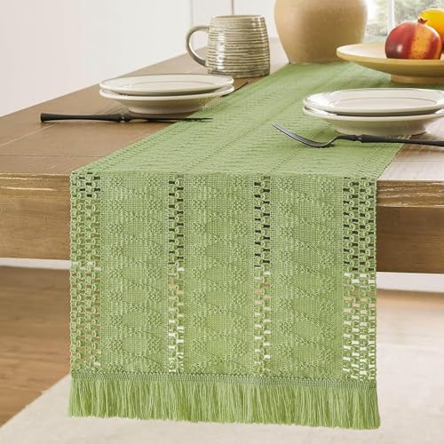 Clothfuna Grüner Esstischläufer, Boho-Leinen-Tischläufer, rustikal, für Couchtisch, Frühlings-Sideboard, Schminktischdekoration, 30 x 220 cm