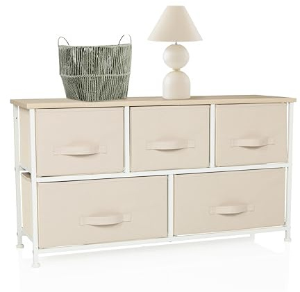 hjh LIVING Kommode mit 5 Stoffschubladen, 100x30x55 cm, Beige | Schubladenkommode Organizer, höhenverstellbare Fußgleiter, Metall-Gestell