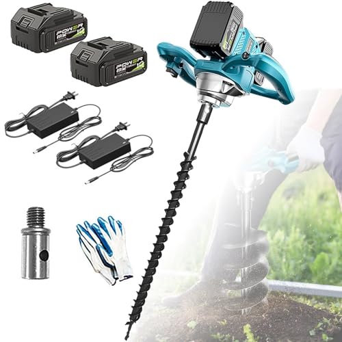 Cordless Fence Post Auger,Brushless Cordless Earth Auger,Electric Post Hole Digger With Two batteries and two chargers,Forward & Reverse Direction,for Drilling & Post Hole Digging(80MM drill bit)