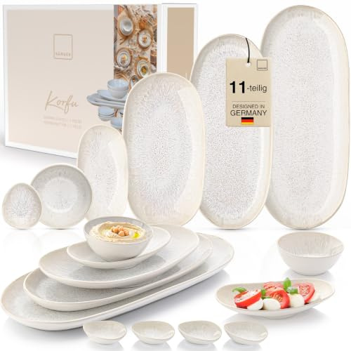 SÄNGER Korfu Servierplatten Set 11tlg Steingut in Creme Beige mit Maserung | Elegantes Anrichteplatten Set und vielseitiges Servierset mit Dip Schalen und Tellern – spülmaschinenfest für Gäste & Feste