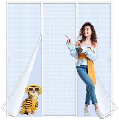 Zlhloj Fly Screens Doors Nets, 225x200 cmPatio Curtain Insect Mesh for Keeping Out Flies & Bug, Flyscreen French Doors, Mosquito Double Door Magnetic ScreenFly Doors White