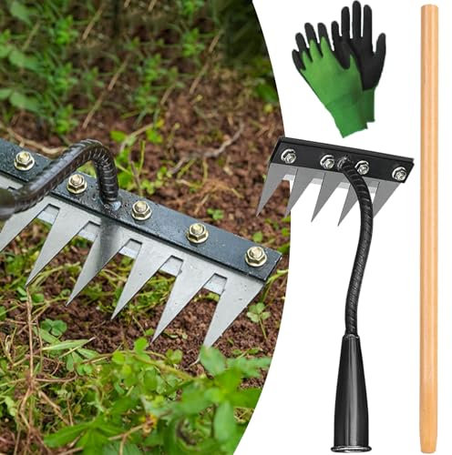 Iron Weeding Rake,with 80cm handle, Effortlessly FAST,Iron Rake 2.0 for Gardening and Weeding,5/6/7/8 Teeth Carbon Steel Garden Weeding Rakes (5 Teeth)