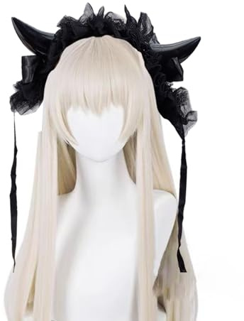 NICENEEDED Coiffe Gothique Lolita Serre Tête en Dentelle Noire avec Cornes de Diable Serre Tête en Dentelle pour Femme de Chambre Accessoire pour Coiffure Fête d'halloween