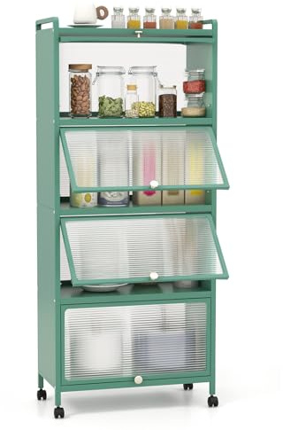 COSTWAY Küchenschrank hoch, Küchenregal mit Rollen, 5-stufig, Mikrowellenständer mit aufklappbaren PC-Türen & Kippschutz, Standregal Hochschrank, für Küche Esszimmer Wohnzimmer (5 Stufig, Grün)