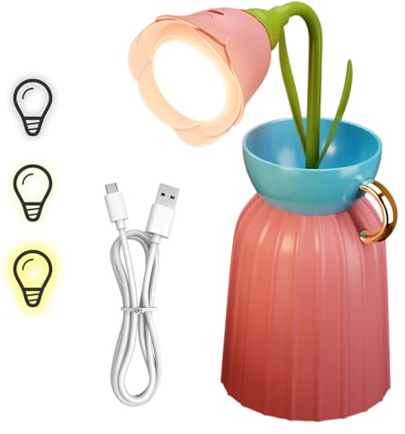 Elitecran Lampada da Tavolo LED senza Fili Rosa a Forma di Fiore, 3 Livelli di Luminosità Dimmerabile Lampada da Comodino, Con Cavo di Ricarica USB, Ricaricabile per Camera da Letto Comodino Ufficio
