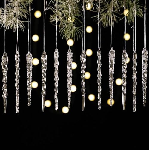 12 adornos acrílicos de carámbanos para colgar para decoración navideña con diseños transparentes similares al hielo, adecuados para la temporada de Navidad (transparente)