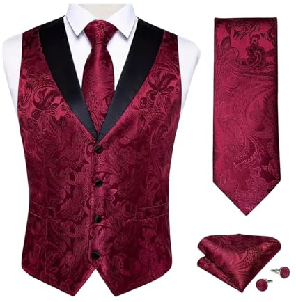 Huoghebg Herren Westen Paisley Weste Krawatte Einstecktuch Set Jacquard Weste Anzug Set Mittelalter Hochzeit Westen Elegant V-Ausschnitt Oberteil Blazerweste im Punk-Stil für Hochzeit Party Business