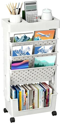 Huucozn 5 Ebenen Mobiler Bücherwagen Klein Bücherregal Kinder mit Rollen Bastelwagen Rollwagen schmal Bücherregale Schmales Regal mit Rollen Weiß Kinderbücherregal für Wohnzimmer Kinderzimmer Büro