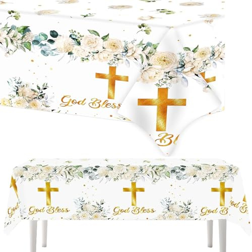 LEOINAER Mantelería para comunión y Fiestas religiosas, 3 manteles de 130 x 220 cm, diseño con Cruz Dorada y Corona de Hojas, Ideal para mesas rectangulares