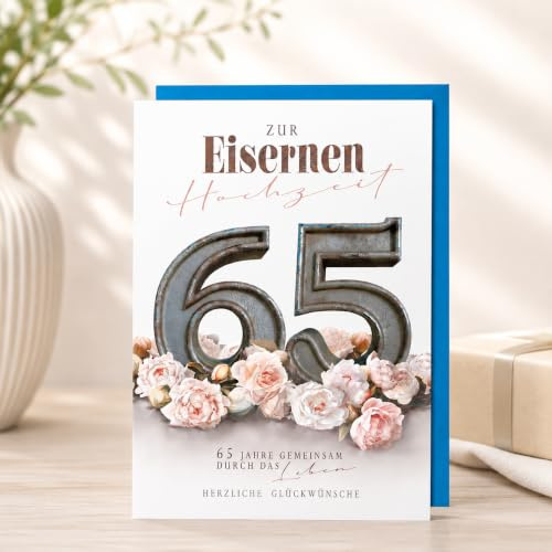 Michel Verlag Glückwunschkarte zur EISERNEN HOCHZEIT | Grußkarte Eiserne Ehe 65 Jahre mit Umschlag | 65. Hochzeitstag Eltern Großeltern | Geschenkidee Jubiläumspaar, Made in DE (Große 65)