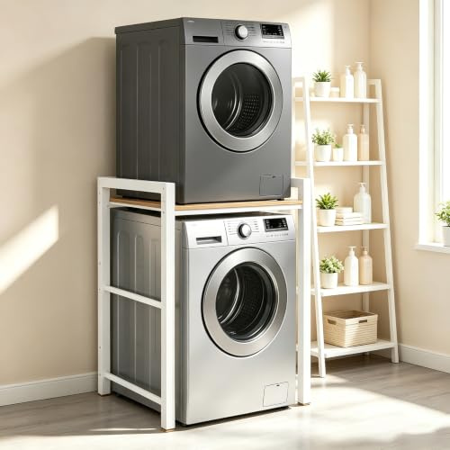 Soporte Secadora Sobre Lavadora, Mueble para Lavadora y Secadora - Ajuste de 3 Niveles, Torre Armario Lavadoras Secadoras - Carga 350kg, Estructura Lavadoras para Baño Balcón Lavandería (Blanco)