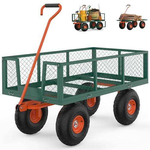 Hochbelastbarer Gartenwagen Aus Stahl – 500 LBS (227 Kg) Bollerwagen Transportwagen Mit Abnehmbaren Seiten & 180°-Drehgriff Für Garten, Hof, Farm, Lager – Schwerlast-Baufahrzeug, Grün/Orange
