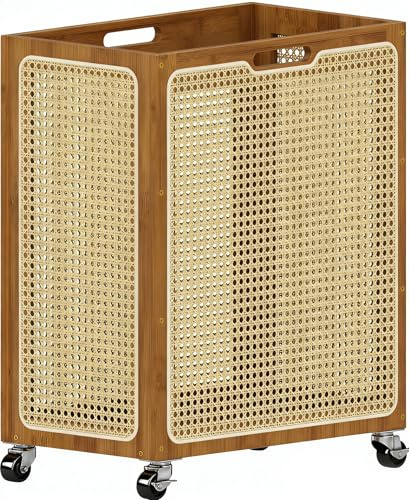 Yonscess Laundry Hamper with Wheels, Decorative Boho Rattan Laundry Baskets, 90L Large Bamboo Dirty Clothes Basket Organizer, Rolling Wicker Laundry Hampers for Bathroom,Bedroom