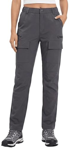 GymBrave Pantalone da Trekking Donna Estate Leggero Pantalone da Lavoro Elasticizzato Impermeabile Pantalone Cargo con Tasca Zippata Safari Grigio Scuro M