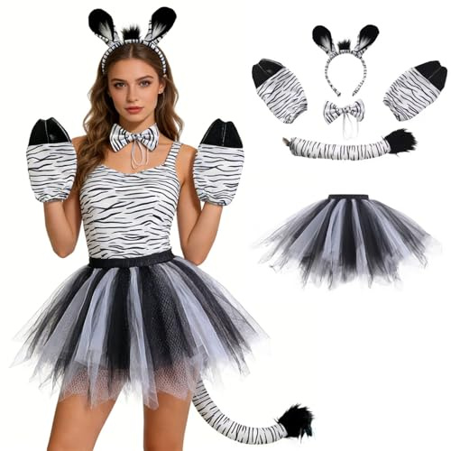 Tierkostüme für Erwachsene, Tier Zebra Kostüm Set - Tüllrock Ohren-Stirnband Schwanz Handschuh und Fliege für Tierkostüm Cosplay Geburtstagsparty Zubehör Karneval Kostüm Fasching Partyzubehör