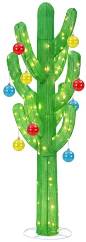 Qunclay Albero di Natale artificiale pre-illuminato da 1,4 m, cactus pieghevole, decorazione natalizia per esterni, con 9 luci a LED, decorazione gigante per Natale, vacanze, feste, cortile, giardino