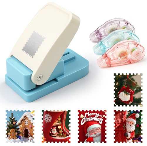 Stämpelstämpelstansare med 3 tejprullar, 2,5 x 2,0 cm rektangulär pappersstansare, bärbar stansning, frimärkesstans för scrapbooking, journaling, etiketter och hantverk