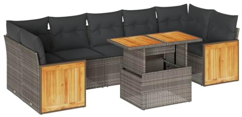 Foknhdi 8-TLG. Gartenlounge Grau Poly Rattan Sofa-Set mit Akazienholz-Tisch 100 x 55 cm, modular, platzsparend für kleine Balkone, UV-stabile Gartenmöbel für Terrasse Innenhof