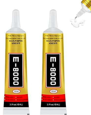 GAJUS Colla E-8000 15ml Trasparente per Display e Riparazioni, 2 Pezzi Adesivo Multiuso Liquido per Vetro Plastica Tessuti Ceramica, Resistente all'Acqua e agli Urti