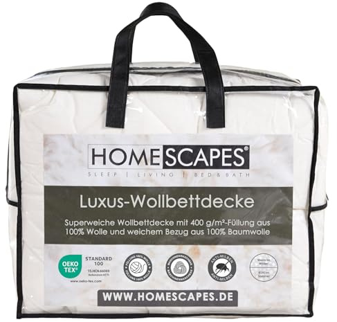 Homescapes Schwere Bettdecke Schafwolle 230x220 cm, Herbst/Winter-Bettdecke mit Wollfüllung & Baumwollbezug, Wollbettdecke mit 400 GSM Füllung, Oeko-TEX Standard 100
