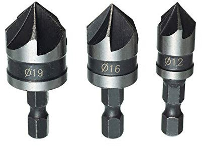 HPMAISON 3pcs 1/4 Inch Hex Shank Woodworking Chamfering Countersink Drill Bit Set 5 Flute 90 Degree Center Countersink Bits 12mm 16mm 19mm for Wood Plastic Aluminium Chamfering