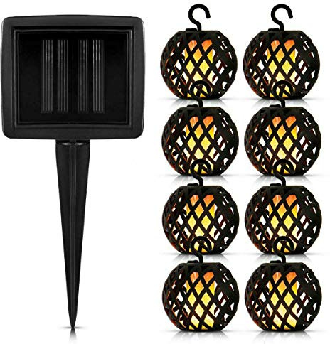 8pc Solar Ball Rattan Flame Effect LED String Hanging Lights – Ideal for Garden, Patio, BBQ Party, Gazebo, Fence Decorations Christmas Xmas Outdoor Lights Decoration