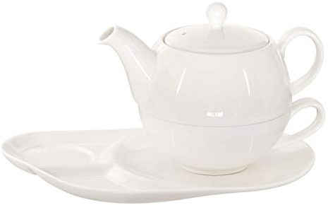 Buchensee Tea for One Lena 500ml aus Crystal Bone China Porzellan in fein-cremigem Weiß. Teekanne + Teetasse + Untersetzer mit praktischen Ablageflächen